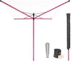 Brabantia Lift-O-Matic Droogmolen Met Metalen Grondanker, Beschermhoes, Wasknijpertasje En Wasknijpers - 50 M - Spring Pink