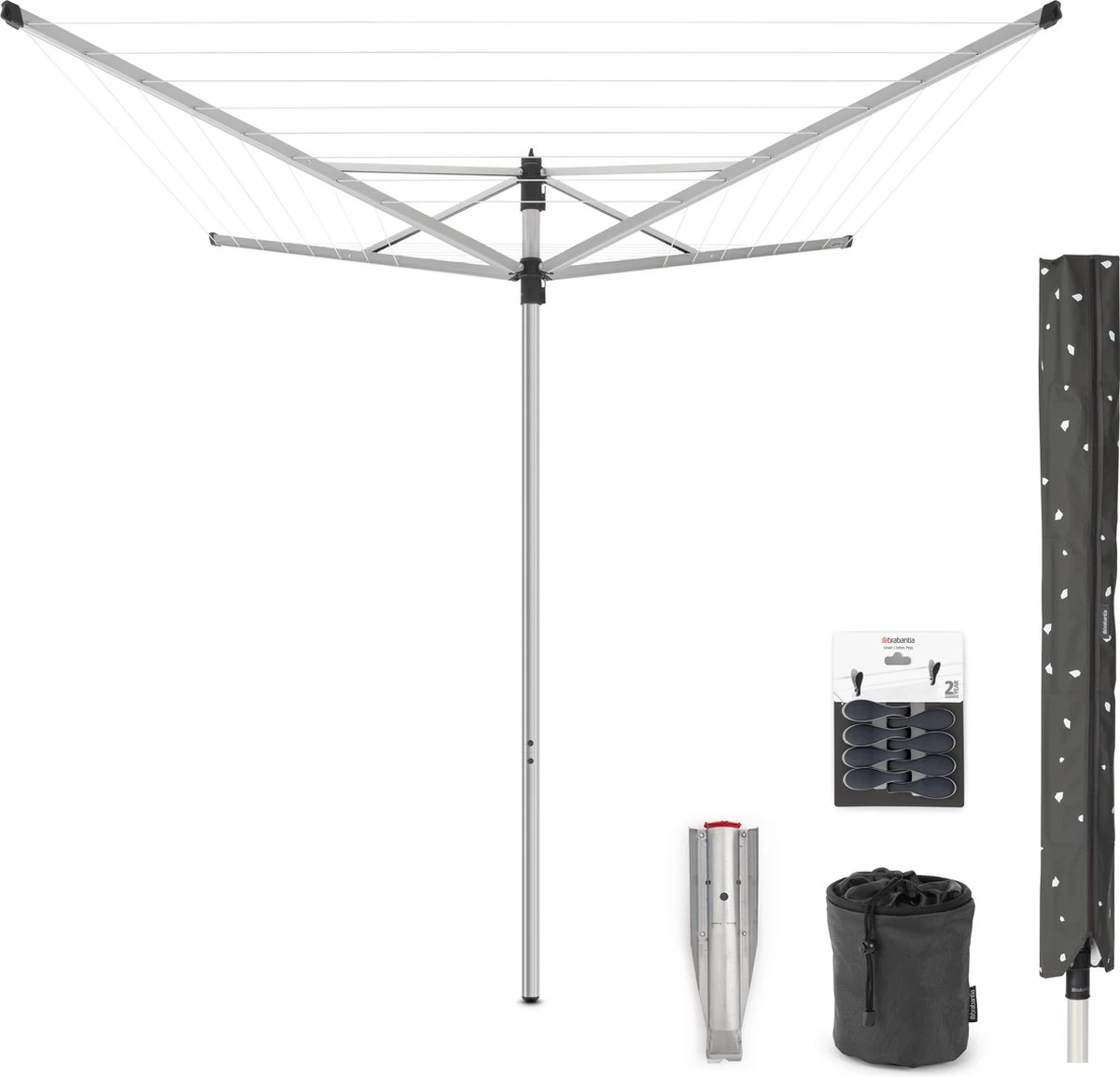 Brabantia Lift-O-Matic Droogmolen - Met Metalen Grondanker, Beschermhoes, Wasknijpertasje En Wasknijpers - 40 M - Metallic Grey