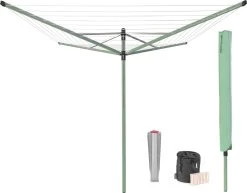 Brabantia Lift-O-Matic Droogmolen Met Metalen Grondanker, Beschermhoes, Wasknijpertasje En Wasknijpers - 50 M - Leaf Green