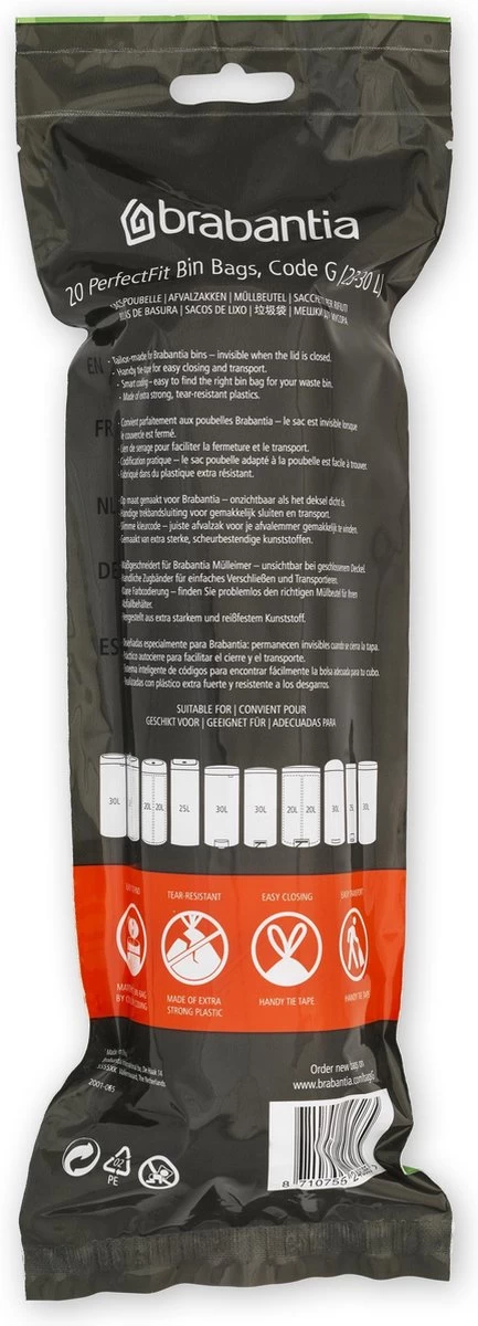 Brabantia PerfectFit Vuilniszakken - 23 - 30 L - Code G - 6 Rollen X 20 Stuks - Afbeelding 4